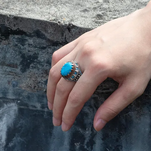 Miniatura 7 de AROTOROM Retro Turquoise Ring for Men in 925 Sterling Silver Oval Sky Blue Stone Ring Life Track Significance Turkish Handmade Engraved Silver Ring