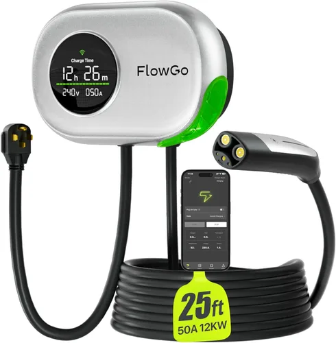 Cargador FlowGo de Nivel 2 para Tesla 50A Cargador Inteligente para Hogar NACS 240V Cargador Tesla 50 Apms Pantalla de Gran Tamaño Activada por