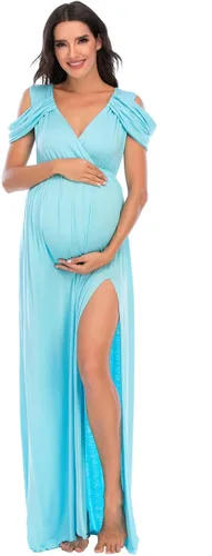 Miniatura 3 de ZIUMUDY Vestido de maternidad con hombros descubiertos y cuello en V envuelto para sesión de fotos, vestido maxi para baby shower