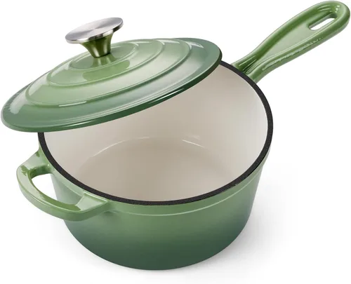 Miniatura 26 de Onader Sartén de hierro fundido esmaltado, cacerola pequeña de 1 cuarto de galón con tapa, olla de hierro fundido, horno holandés esmaltado, Blanco