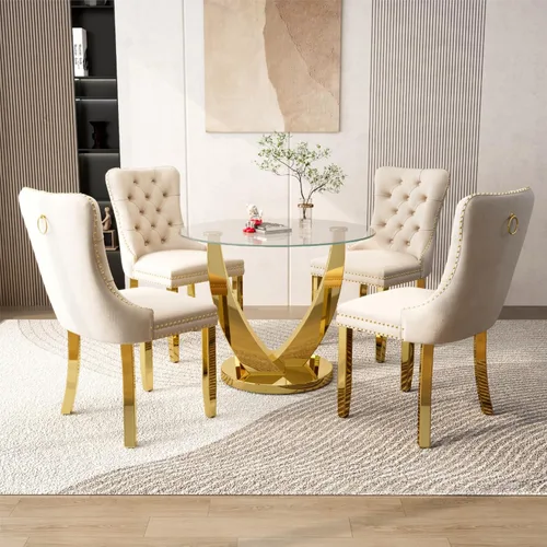 Miniatura 2 de Juego de mesa de comedor redonda de vidrio de 38.9 pulgadas para 4, mesa de cocina redonda dorada con 4 sillas decorativas de terciopelo tapizadas