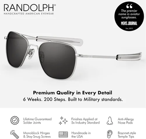 Miniatura 3 de Randolph USA - Lentes de sol de aviador para hombre o mujer, cromo mate, clásicos, polarizados y no polarizados con protección UV