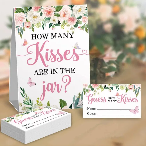 Miniatura 2 de How Many Kisses - Tarjetas de juego para fiesta de baby shower, besos florales de mariposas que adivinan baby showers, boleto de rifa, decoración