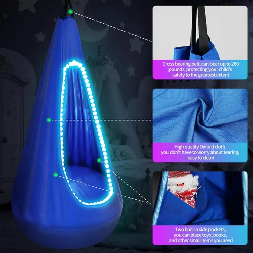 Miniatura 6 de Silla de columpio para niños con luz, columpio sensorial con arnés colgante y hamaca, columpio sensorial mejorado para niños con luces LED USB hasta