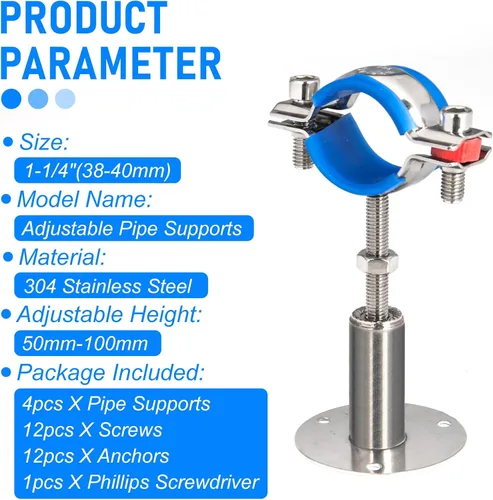 Miniatura 4 de 4 soportes de tubo de montaje en pared de acero inoxidable 304, adecuados para tubos OD de 1-1/4 pulgadas (1.496-1.575 in), altura ajustable Altura