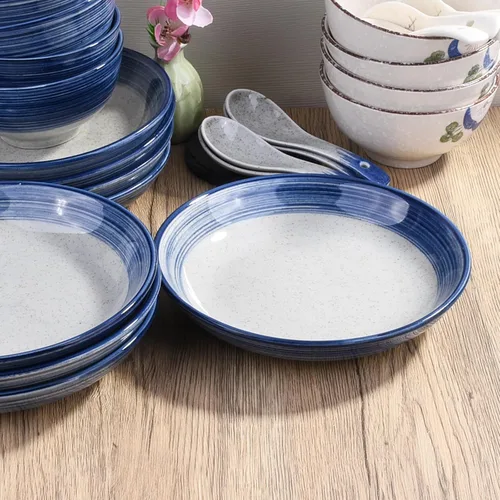 Miniatura 5 de Juego de vajilla de cerámica azul de 4 piezas, plato, plato, cuenco, cuchara, juego de vajilla de porcelana japonesa pintada a mano, una buena YL.