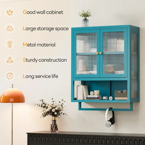 Miniatura 8 de Armario de pared de baño con 2 puertas de vidrio, botiquín de baño con barra de toallas y estantes, gabinete de almacenamiento sobre el inodoro