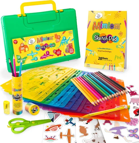 Kit de plantillas de dibujo para niños, juego de 60 piezas de arte con más de 370 formas, bloc de bocetos y lápices de colores para manualidades y