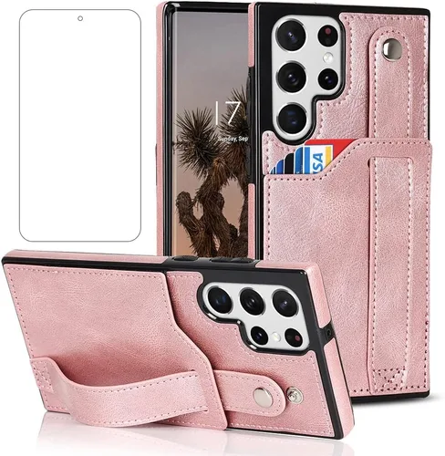 Miniatura 8 de Funda para teléfono Samsung Galaxy S22 Ultra 5G con protector de pantalla, correa de muñeca ajustable, atril, ranura para tarjetas de crédito