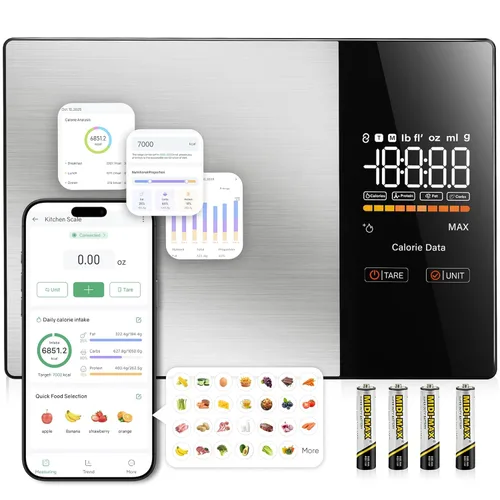 KUAIVO Báscula inteligente de nutrición de alimentos con pantalla LED, rastrea calorías, grasas, carbohidratos y proteínas a través de la