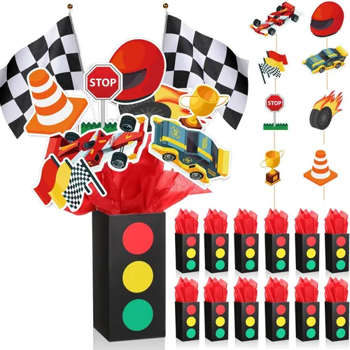 12 juegos de decoración de fiesta de cumpleaños de autos de carreras, centros de mesa para mesas con cajas de tráfico, decoración temática de baby