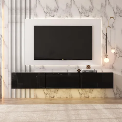AIEGLE Soporte flotante para TV montado en la pared, centro de entretenimiento de alto brillo con 3 cajones y luces LED de 16 colores, estante