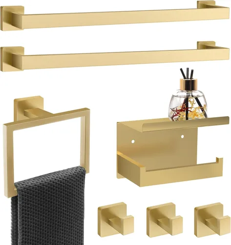 Dorudon atrox Juego de herrajes de baño dorados de 7 piezas con accesorios de baño dorados cepillados - Cuadrado 2 barras para toallas portatoallas