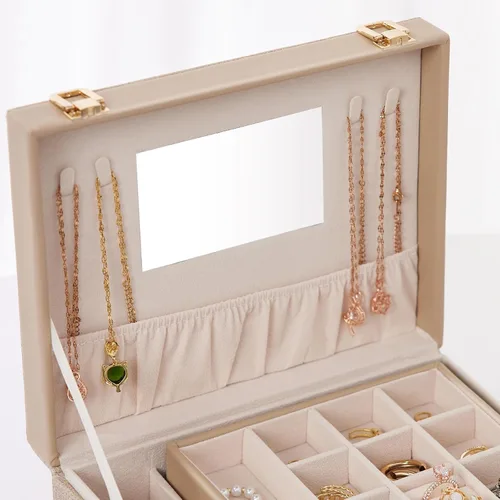 Miniatura 4 de Joyero portátil para mujeres y niñas con piel sintética, caja organizadora de aretes con espejo de maquillaje para regalos de Navidad y Año Nuevo