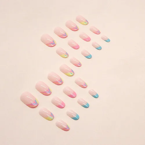Miniatura 3 de Uñas postizas cortas redondas SWEKKE de verano, punta francesa, uñas postizas de cobertura completa, uñas adhesivas de color rosa, azul, punta
