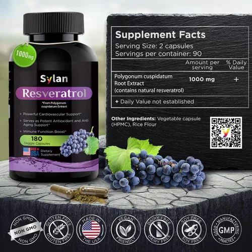 Miniatura 3 de SYLAN Suplemento de resveratrol trans, 1000 mg, 180 cápsulas vegetales, antioxidante, apoya el corazón, las articulaciones, el cerebro, la salud