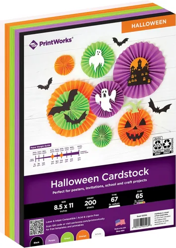 PrintWorks Cartulina de Halloween de 8.5 x 11 pulgadas, 200 hojas, 5 colores surtidos, ideal para proyectos escolares y artesanales, 67 libras, 5.19