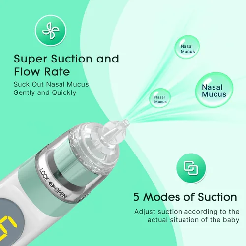 Miniatura 5 de Aspirador nasal eléctrico para bebé, aspirador de nariz para niños pequeños, chupón de nariz impermeable para bebé, limpiador de nariz con 3 puntas