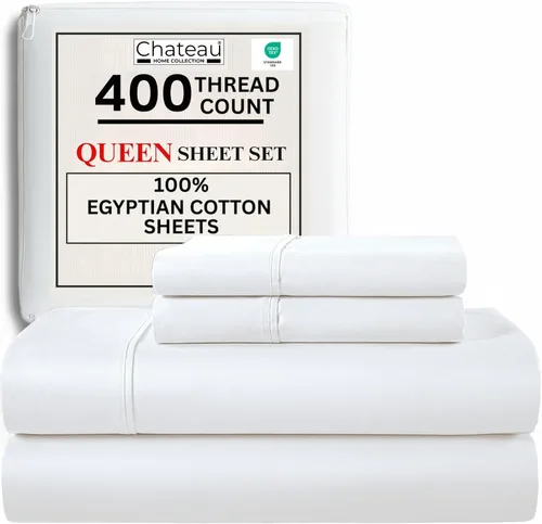 Juego de sábanas 100% de algodón egipcio, tamaño Queen, juego de sábanas de bolsillo profundo, sábanas de algodón de 400 hilos, naturalmente 01: