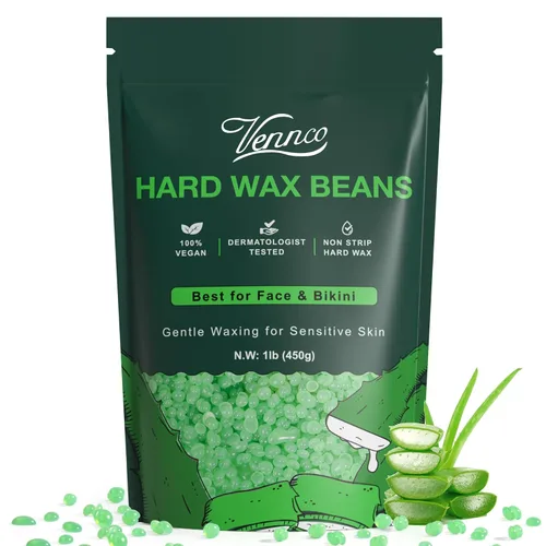 VENNCO Perlas de Cera Dura, Granos de Cera de 1 libra Para Eliminación de Vello Grueso en Piel Sensible Con Aloe Vera Puro, Para Cara, Ceja, Pierna,