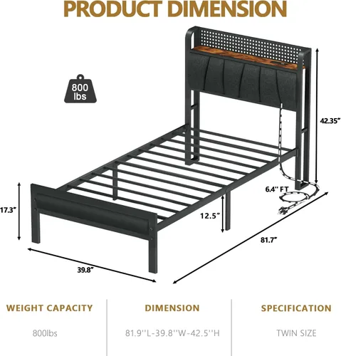 Miniatura 2 de Furnulem Base de cama individual con luz LED y estación de carga, cabecera de almacenamiento tapizada gris con estante, cama de plataforma de metal