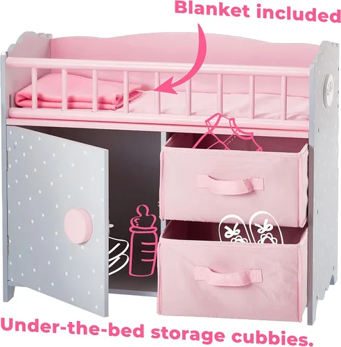 Miniatura 4 de Olivia's Little World Cuna de madera para muñeca con un gabinete y dos cubículos para almacenamiento de accesorios de muñeca debajo, lunares rosados