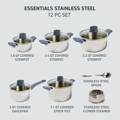 Miniatura 2 de Conjunto de utensilios de cocina T-Fal Essentials de acero inoxidable, 12 piezas, compatible con inducción, apto para horno a 350F, juego de cocina