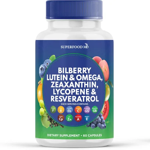 Superfood MD Vitaminas para la salud ocular con arándano luteína y zeaxantina licopeno resveratrol extracto de semilla de uva Astaxantina - AREDS 2