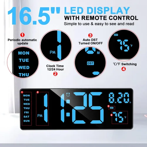 Miniatura 4 de XREXS Reloj de pared digital con pantalla grande, reloj de pared LED de 16.5 pulgadas con 6 luces nocturnas que cambian de color, DST automático