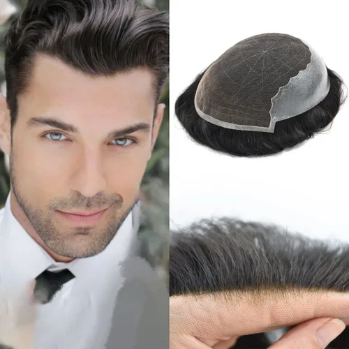 Miniatura 15 de Mens Toupee Swiss Lace Mens Hair Piece Sistema de reemplazo de cabello para hombres Toupee para hombres Cabello humano nudo blanqueado protesis