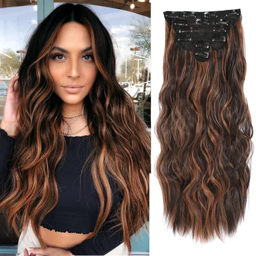Miniatura 29 de NAYOO Extensiones de cabello con clip, de 20 pulgadas, largo, ondulado, rizado, rubio ceniza, extensiones de cabello sintético de cabeza completa