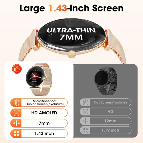 Miniatura 8 de Hwagol Relojes inteligentes para mujer compatibles con iPhone Android [llamadas/cuerpo delgado de metal], pantalla AMOLED microesférica de 1.43 Rosa