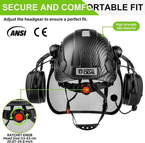 Miniatura 5 de Casco de seguridad para motosierra forestal GREEN DEVIL con orejeras Bluetooth Casco de arborista Casco duro con visera incorporada Protector facial