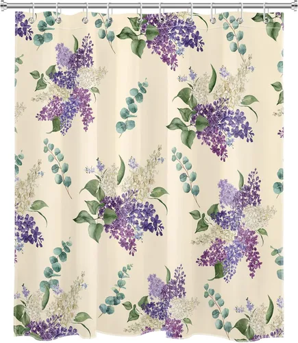 Miniatura 2 de EOBTAIN Cortina de ducha floral púrpura para baño, flores de acuarela y hojas de eucalipto verde sobre beige, cortina de ducha con 10 ganchos, juego