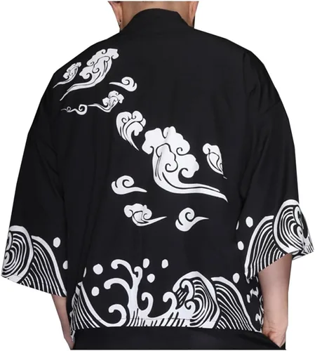 LifeHe Chaquetas tipo kimono para hombre, cárdigan japonés, ligero, casual, siete mangas, frente abierto, camisa abrigo