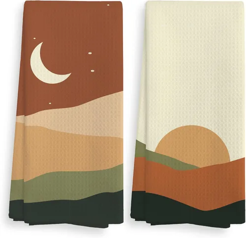 Miniatura 14 de Juego de 2 toallas de cocina y paños de cocina bohemios abstractos con diseño de amanecer y atardecer, diseño bohemio, para baño, cocina, 16 x 24