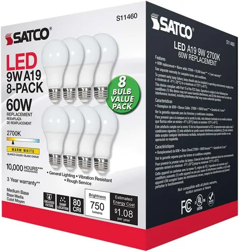Miniatura 5 de Satco S11460 - Paquete económico de 8 bombillas LED A19 de 9 W, reemplazo de 60 W, blanco, 9 vatios
