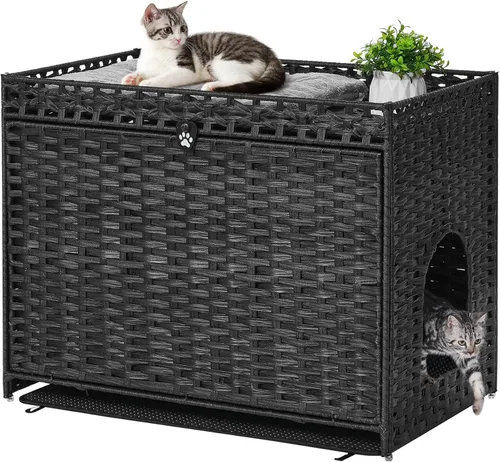 Miniatura 9 de Caja de arena para gatos con alfombrilla de arena suave; muebles ocultos de baño para gatos con puerta; casa de gato de ratán tejida a mano; jaula