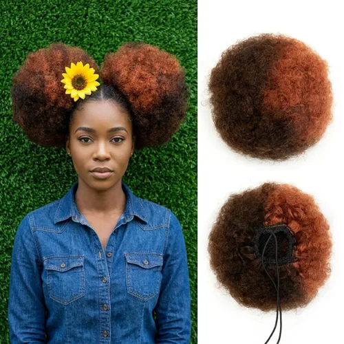 Miniatura 26 de Cola de caballo de cabello humano con cordón para mujeres negras, extensión de cabello humano rizado 4C, 8 pulgadas, aspecto natural, añade volumen