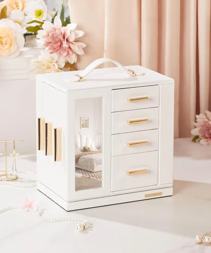Miniatura 8 de Homde Joyero de regalo de Navidad con rotación de 360, organizador de aretes y collar con ventana transparente, espejo, 7 cajones, estuche