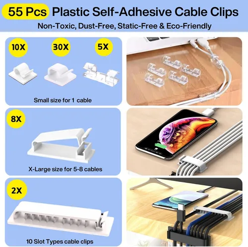 Miniatura 2 de Kit de gestión de cables [313 piezas], 67 clips adhesivos para cables, organizador de cables de escritorio Topavatop, 22 correas reutilizables