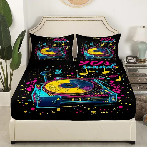 Miniatura 3 de Sábana bajera ajustable de los años 80 y 90, diseño retro de tocadiscos, para niños y adolescentes, juegos de ropa de cama de música hip pop, notas