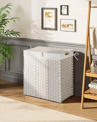 Miniatura 2 de Cesta de ropa Greenstell con tapa, sin necesidad de instalación, 110 L, cestos de lavandería de mimbre plegables con 2 bolsas extraíbles, cesto