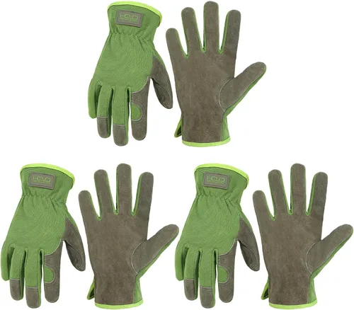 Miniatura 12 de HANDLANDY Guantes de jardinería de cuero para hombre, guantes de trabajo utilitarios para mecánicos, construcción, conductor 3 pares amarillo