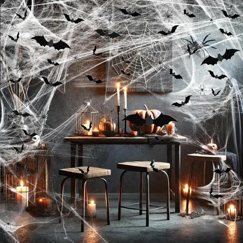Miniatura 5 de Famoby 1200 pies cuadrados de telarañas de Halloween y 120 murciélagos falsos y 50 arañas falsas, telarañas superelásticas para decorar fiestas