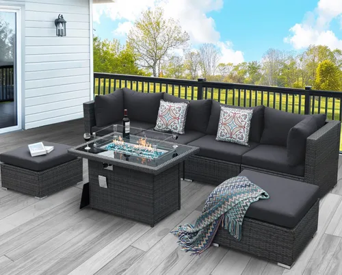 Miniatura 3 de NICESOUL Juego de muebles de patio modernos y extra grandes de 7 piezas con hoguera, cómodos juegos modulares para 6 personas para exteriores, sofá