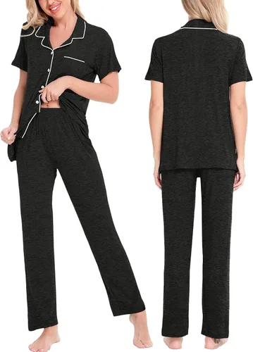 Miniatura 2 de SWOMOG conjunto de pijama de dos piezas para mujer, ropa de dormir de manga corta, con botones, pantalones largos