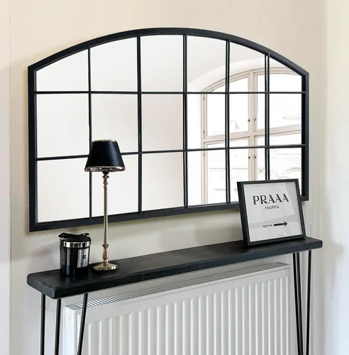 WAMIRRO Espejo de pared de rejilla negra, espejo de ventana ancha negro, espejo de pared arqueado de granja, espejo de repisa para chimenea, Black-2