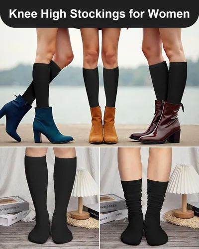 Miniatura 5 de Senker Fashion Calcetines altos hasta la rodilla para mujer, calcetines largos blancos de tubo negro a rayas para botas al aire libre deporte casual