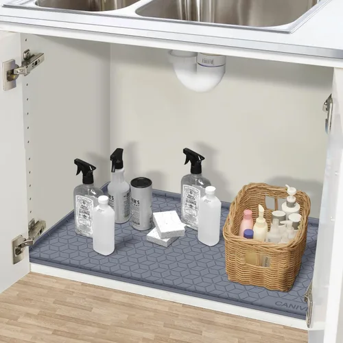 Miniatura 7 de Tapete para debajo del fregadero, 34 x 22 pulgadas, bandeja de silicona impermeable debajo del fregadero para armarios de cocina y lavandería, Azul